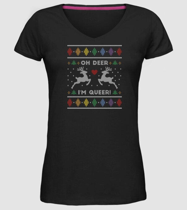 'Oh Deer, I''m Queer Ugly Sweater' model negru pe tricou