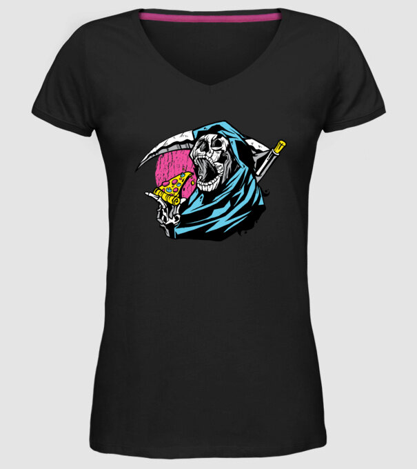 Om cu coasă și pizza model negru pe tricou