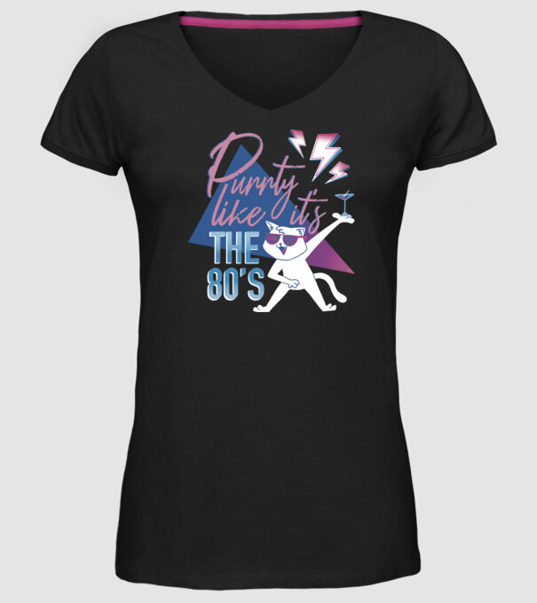 'Purrty Like it''s the 80''s' model negru pe tricou