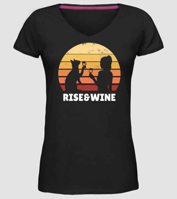 Fată Retro cu pisică și vin model negru pe tricou