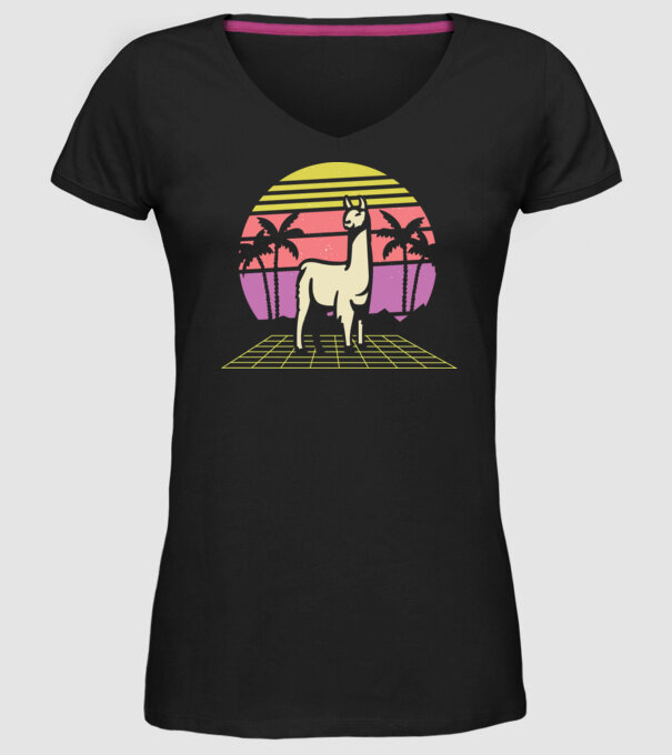 Lama Retro model negru pe tricou