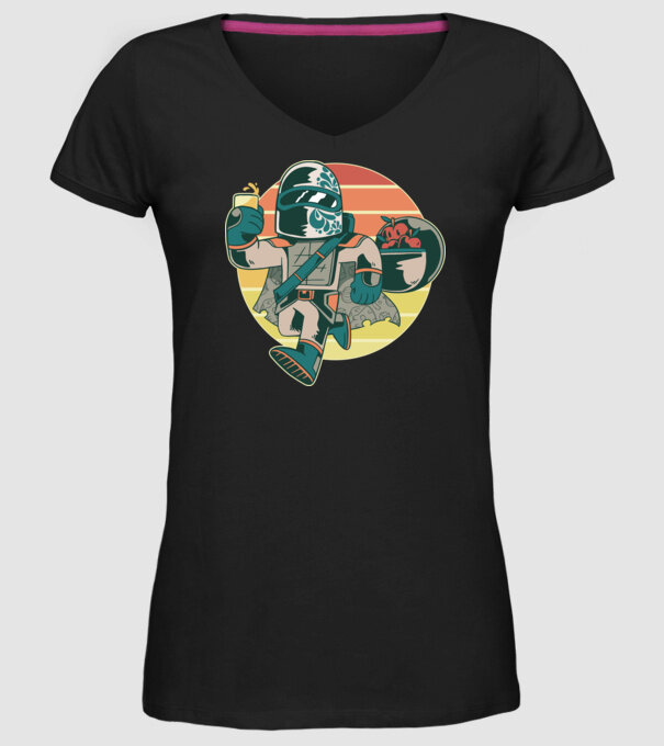 Războinic Mandalorian Retro model negru pe tricou