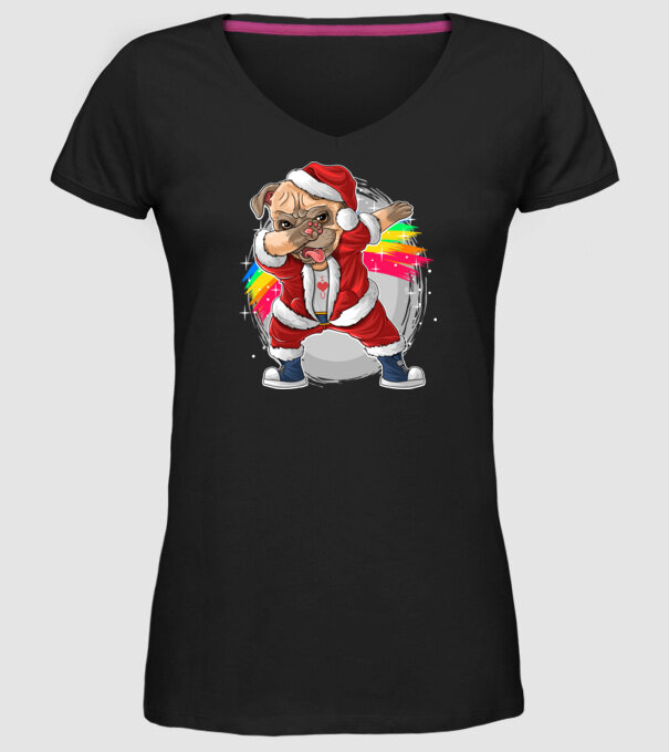 Santa Mops Moș Crăciun model negru pe tricou