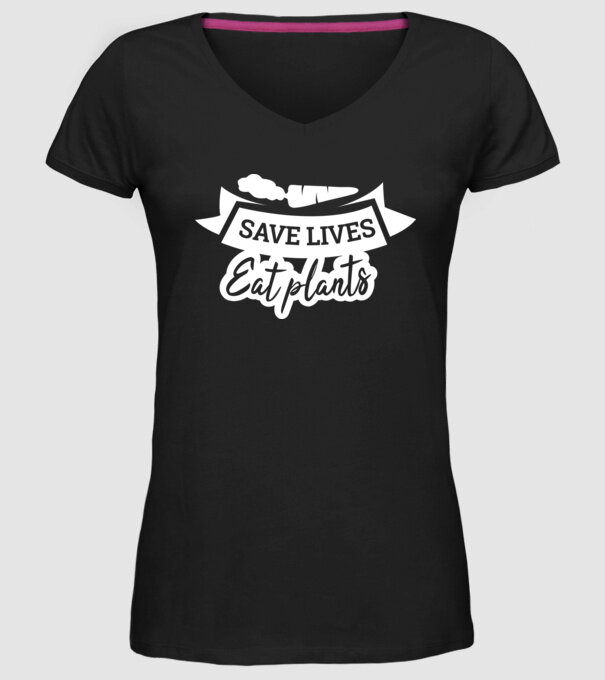 Save lives eat plants model negru pe tricou