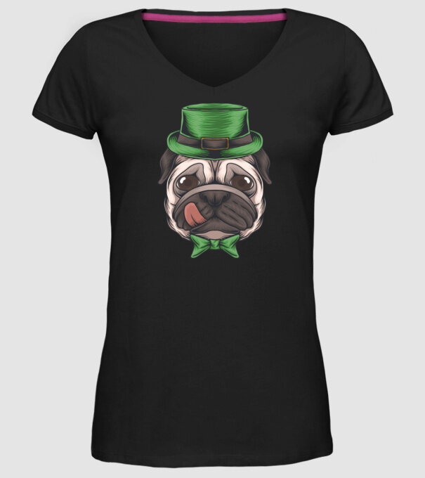 Mops Sfântul Patrick model negru pe tricou