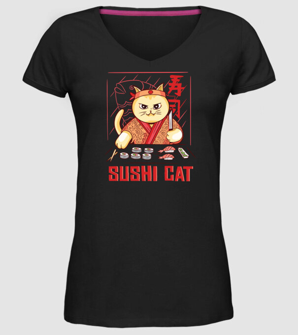 Pisică Sushi model negru pe tricou