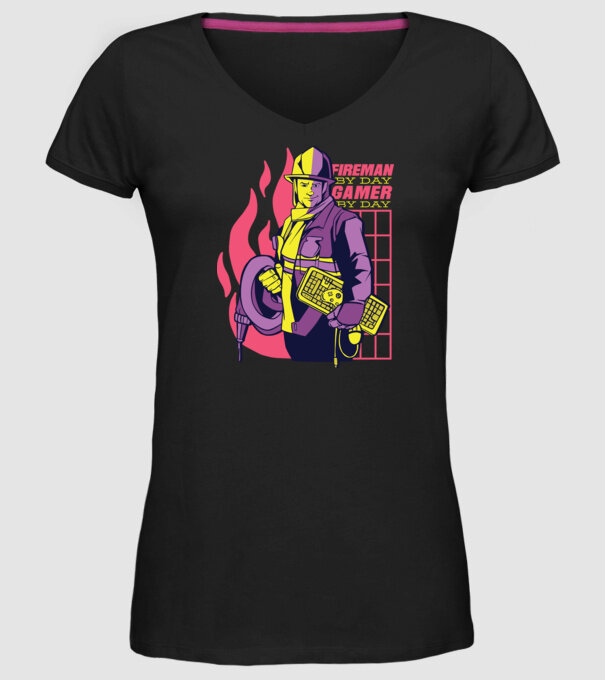 Pompier ziua, Gamer noaptea model negru pe tricou