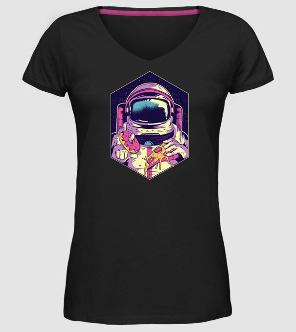 Astronaut Gogoașă și Pizza model negru pe tricou