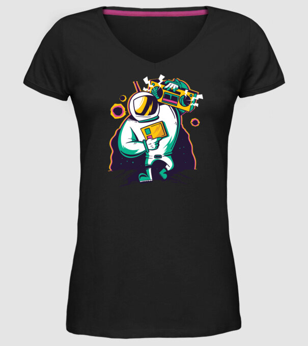 Astronaut cu casetofon model negru pe tricou
