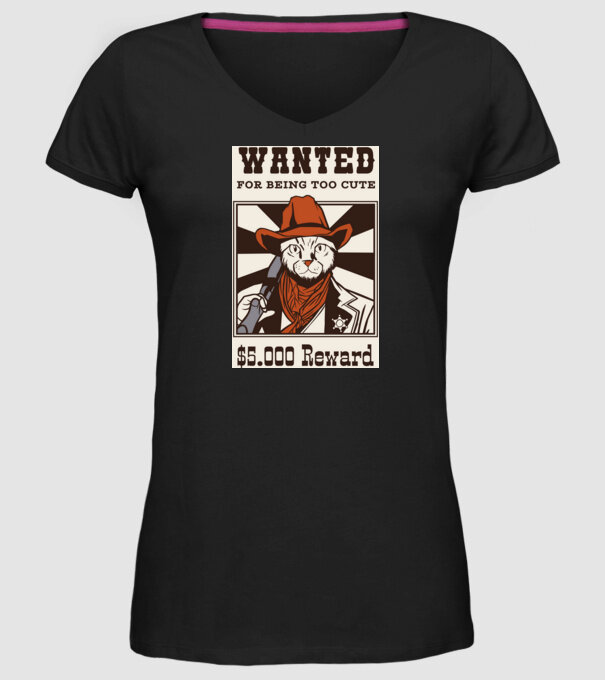 Wanted for being too cute Cowboy cu pisică model negru pe tricou