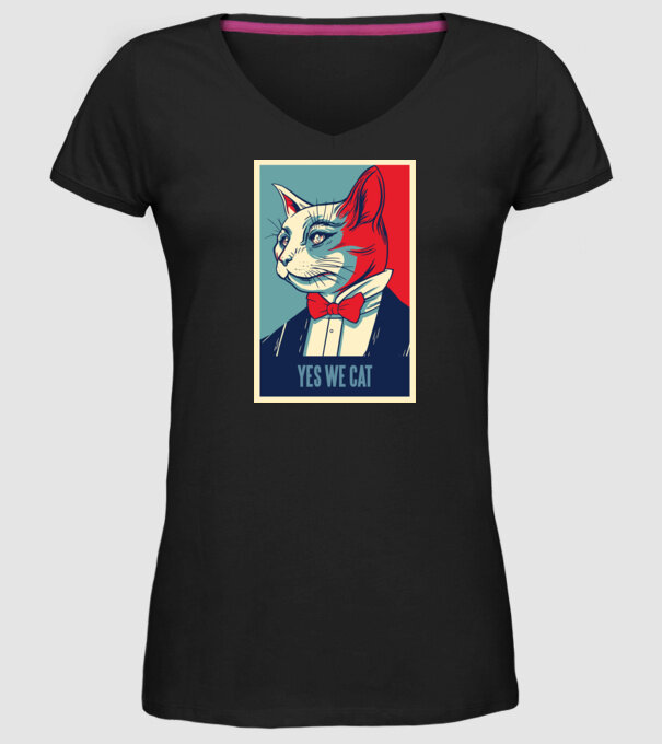 Yes We Cat poster cu pisică model negru pe tricou
