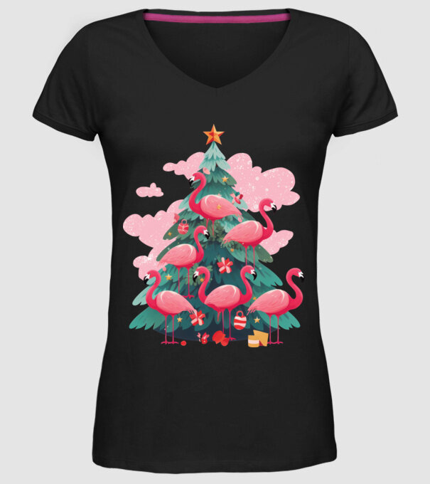 flamingo pom de Crăciun model negru pe tricou