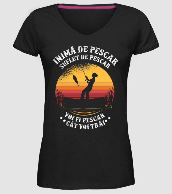 inimă de pescar, suflet de pescar, voi fi pescar cât voi trăi model negru pe tricou
