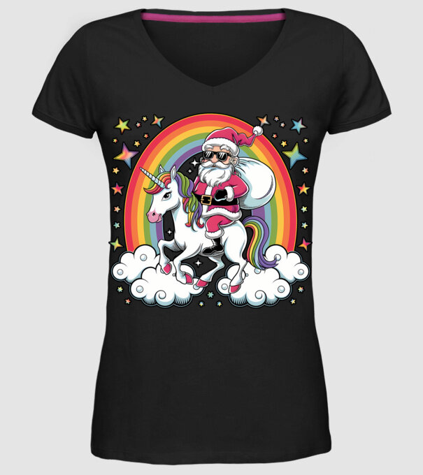 Moș Crăciun cool pe un unicorn model negru pe tricou