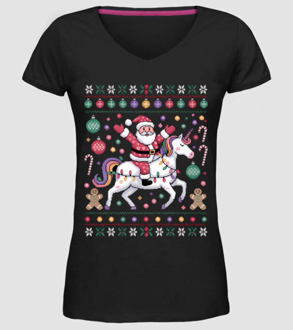 Moș Crăciun pe un pulover urât unicorn model negru pe tricou