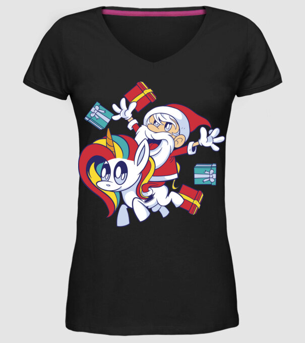 Moș Crăciun pe un unicorn model negru pe tricou