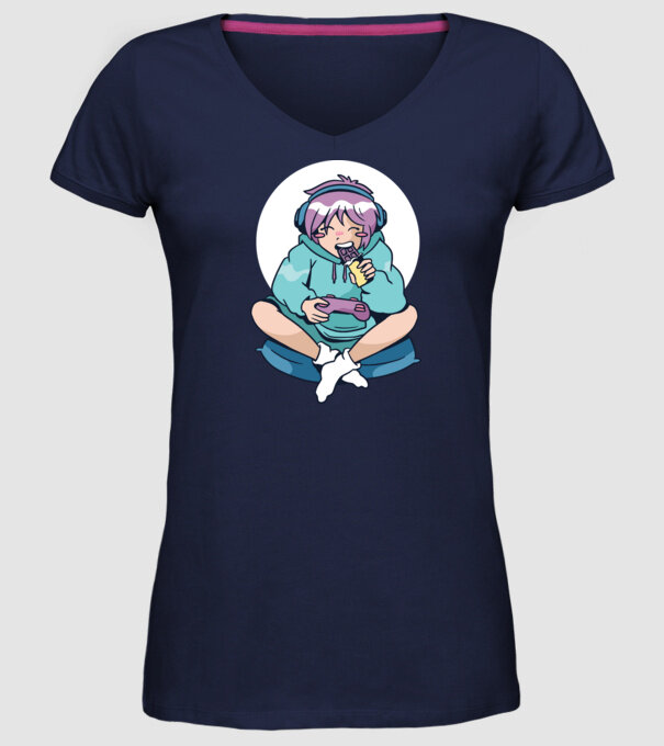 Anime Gamer Fată cu ciocolată model albastru închis pe tricou
