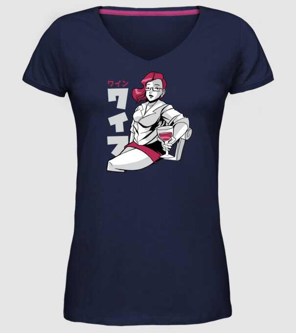Anime fată cu vin model albastru închis pe tricou