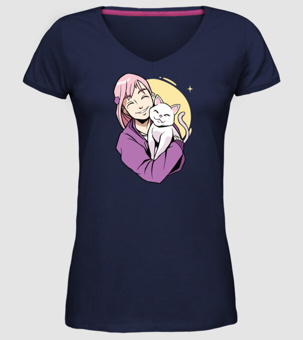Anime fată cu pisică model albastru închis pe tricou