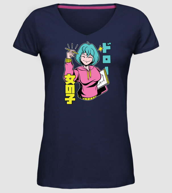 Anime fată desenând model albastru închis pe tricou