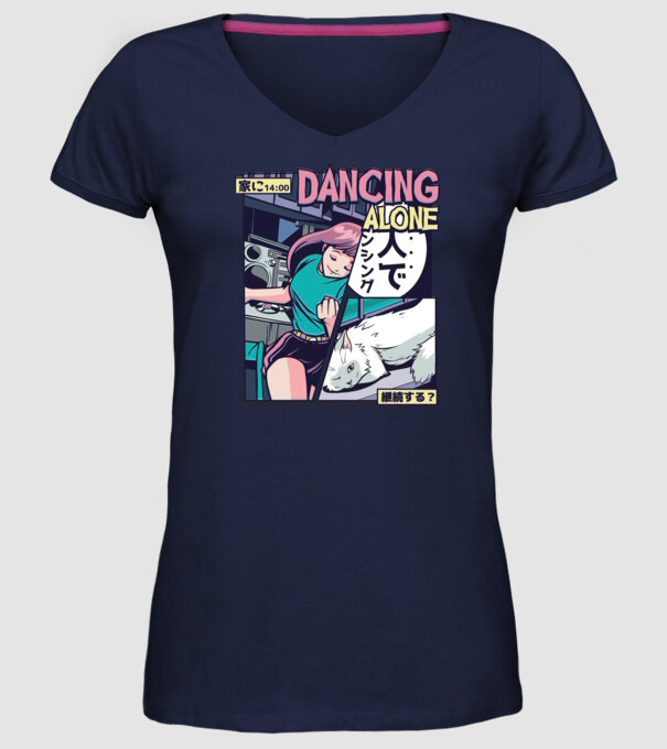 Anime Vaporwave Dancing Alone model albastru închis pe tricou