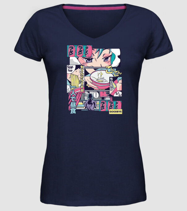 Anime Vaporwave Ramen model albastru închis pe tricou