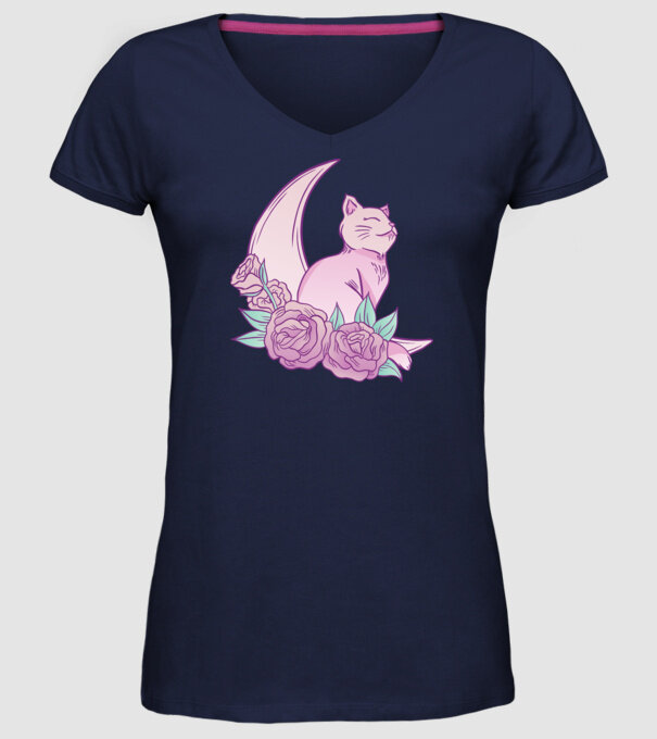 Pisică pe lună model albastru închis pe tricou