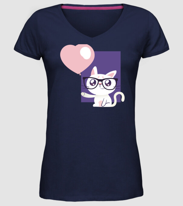 Inimă Pisică cu balon model albastru închis pe tricou