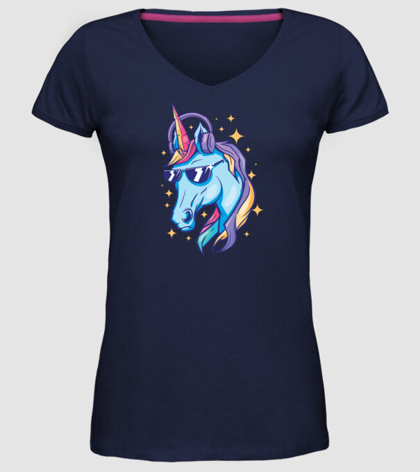 Unicorn strălucitor cu căști model albastru închis pe tricou