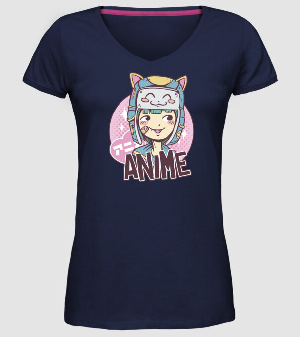 Fată drăguță Anime model albastru închis pe tricou