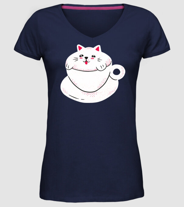 Tricou cafea cu pisică drăguță model albastru închis pe tricou