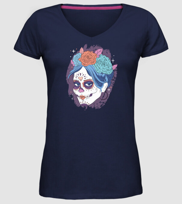 Dia de Los Muertos - Craniu cu flori model albastru închis pe tricou