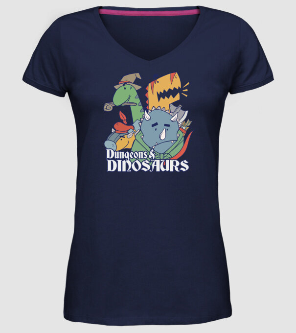 Dungeons and Dinosaurs model albastru închis pe tricou