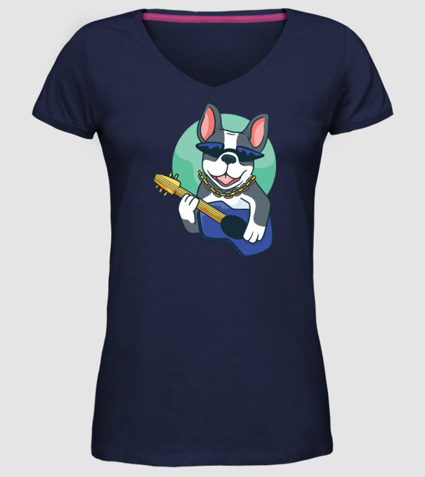 Bulldog Chitarist model albastru închis pe tricou