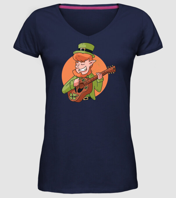 Chitarist Leprechaun irlandez St Patrick model albastru închis pe tricou