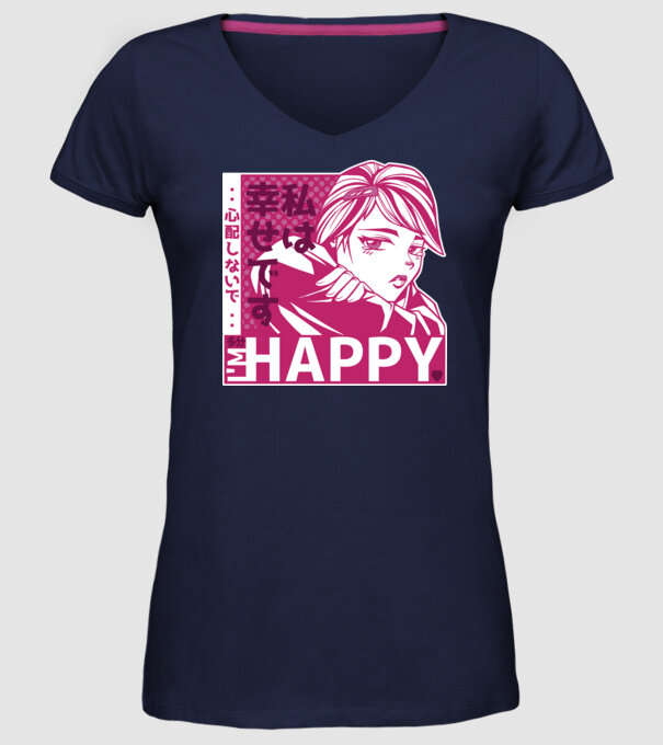 'I''m happy fată Anime antisocială' model albastru închis pe tricou