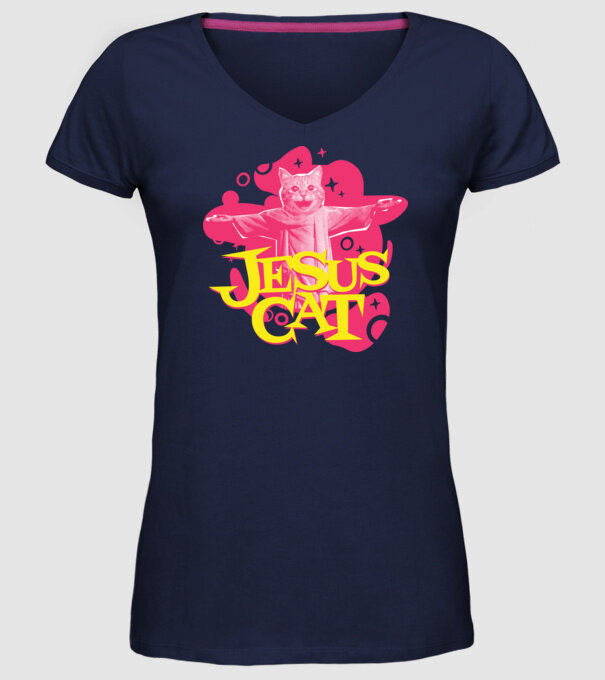Jesus Cat model albastru închis pe tricou