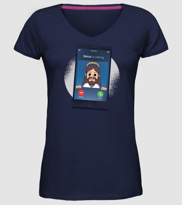 Isus te sună tricou amuzant model albastru închis pe tricou