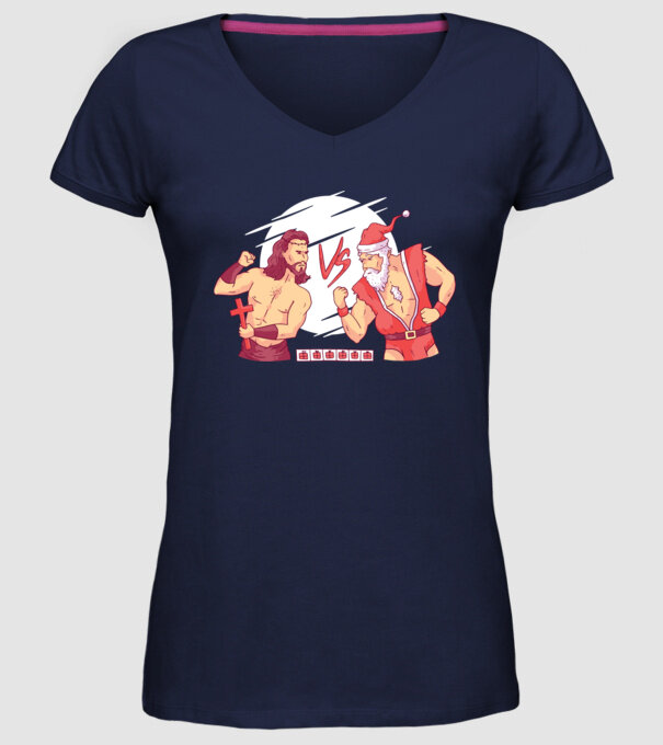 Isus vs Moș Crăciun Street Fighter tricou amuzant Crăciun model albastru închis pe tricou