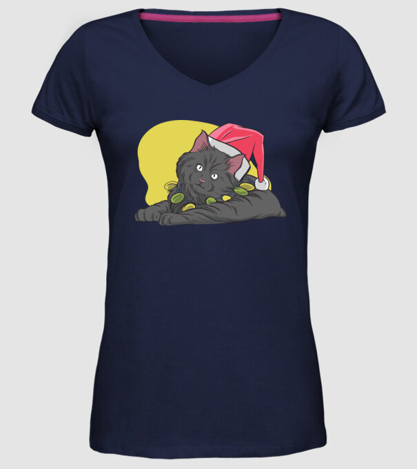 Pisică de Crăciun model albastru închis pe tricou