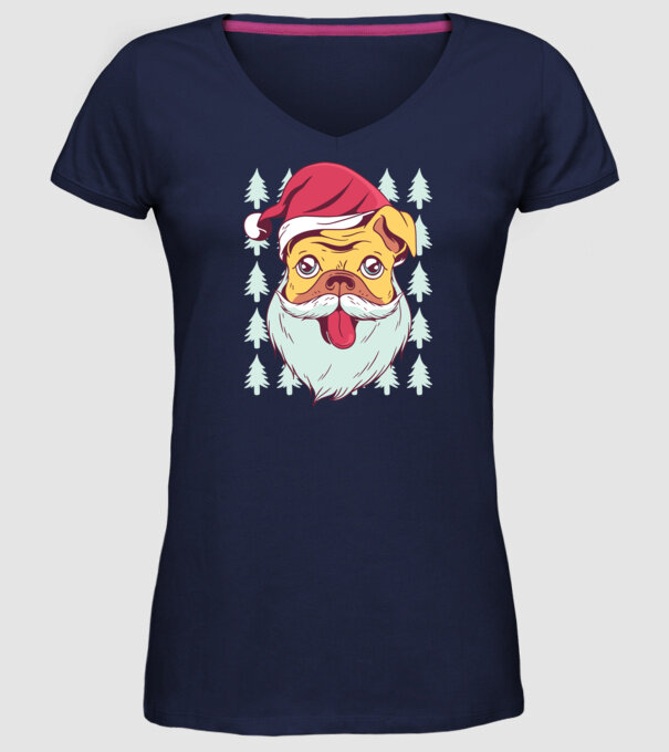 Tricou Crăciun Mops model albastru închis pe tricou