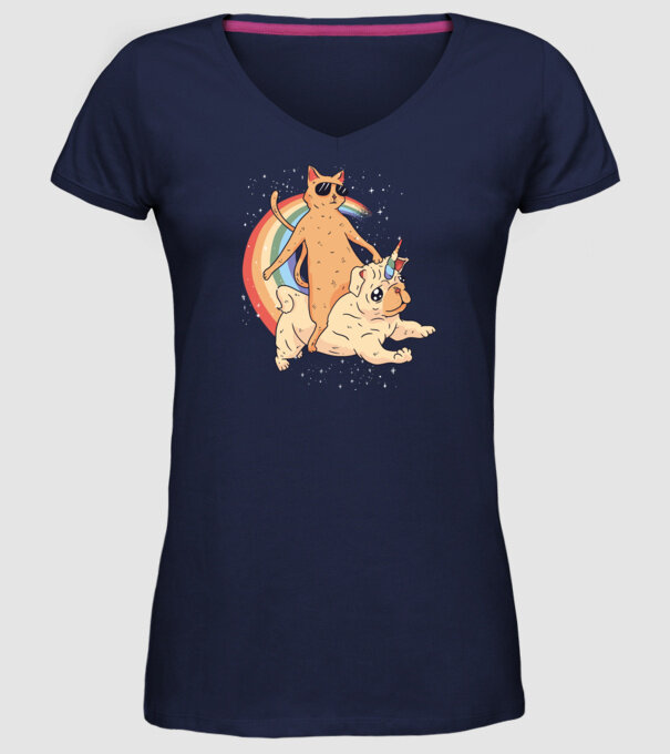Pisică și Mops unicorn model albastru închis pe tricou