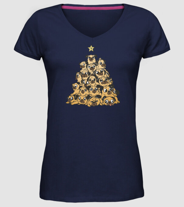 pom de Crăciun cu cățel (mops) model albastru închis pe tricou