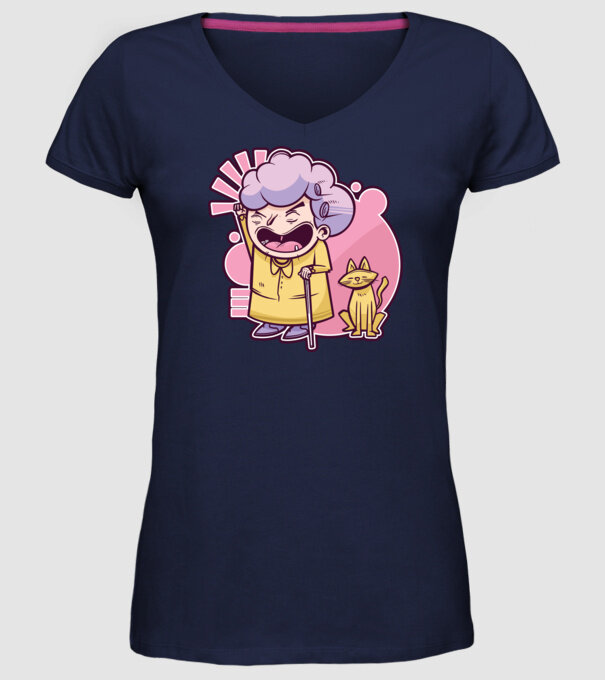 Bunică cu pisică model albastru închis pe tricou