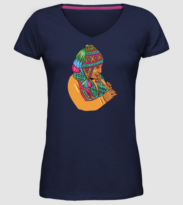 Muzician peruan indigen model albastru închis pe tricou