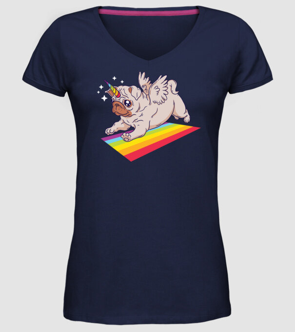 Pugicorn - mops unicorn model albastru închis pe tricou