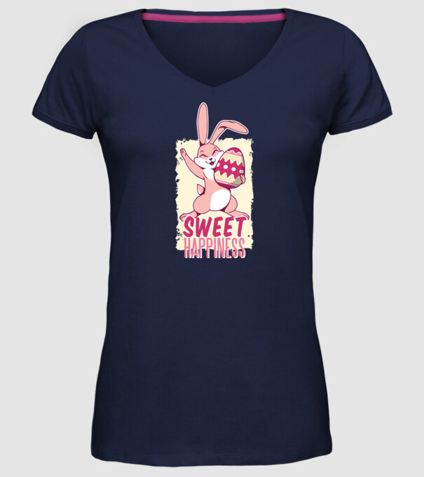 Sweet Happiness pentru Paște tricou cu iepuraș model albastru închis pe tricou