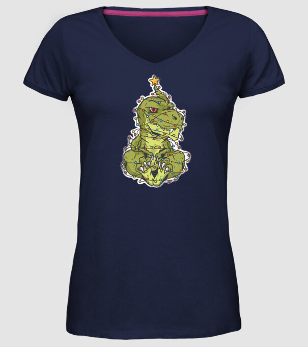 Dinozaur T-rex Pom de Crăciun tricou model albastru închis pe tricou