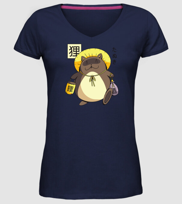 Tanuki Yokai model albastru închis pe tricou