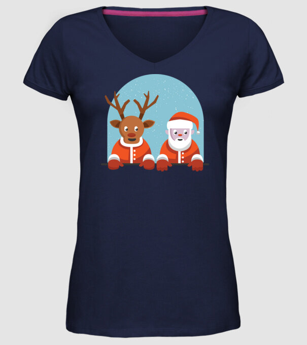 Moș Crăciun și Ren tricou de Crăciun T-shirt model albastru închis pe tricou
